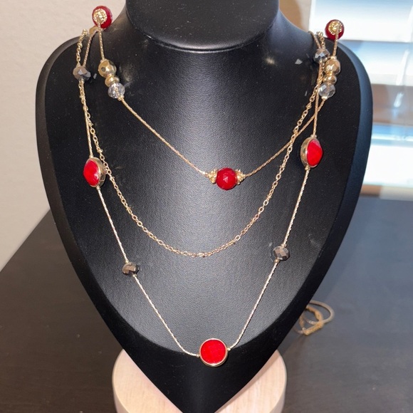 New York & Company Jewelry - New York & Company Red and Gold Multi-Layer Necklace